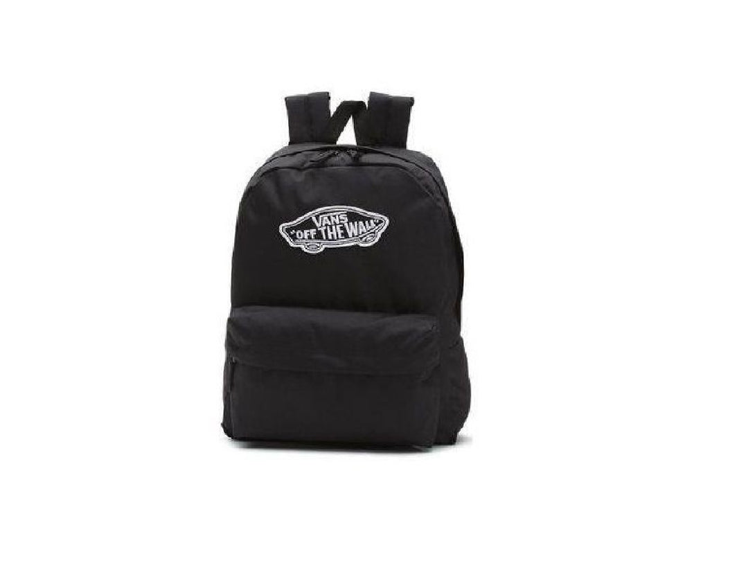 Mochila escolar Vans Realm de color negro con logotipo blanco frontal.
