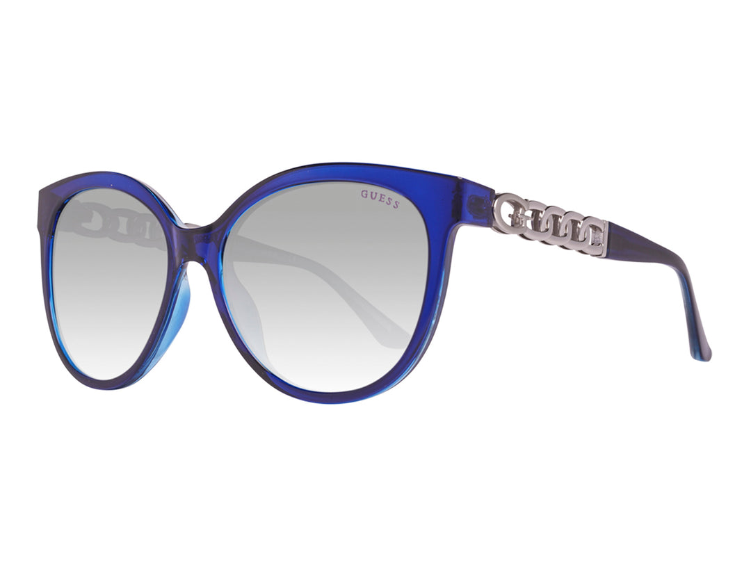Lentes de sol Guess color azul con detalles de cadena plateada en las varillas.