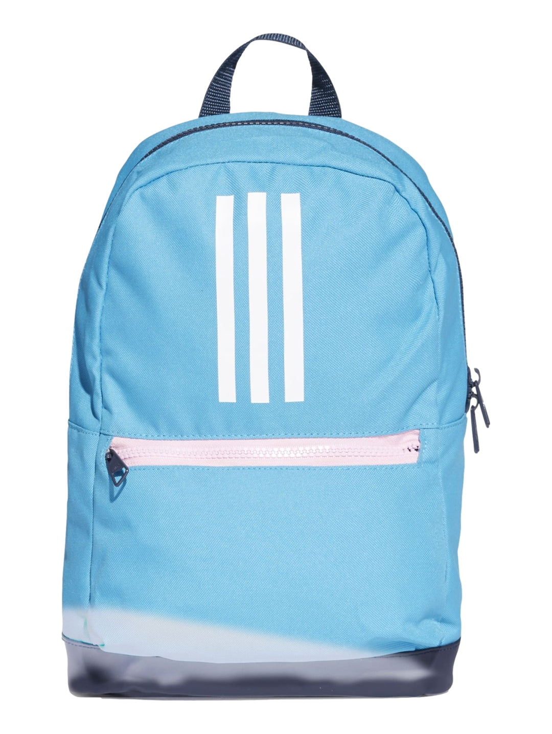 Mochila Adidas color cyan con tres franjas blancas verticales y detalle rosa en la cremallera frontal.