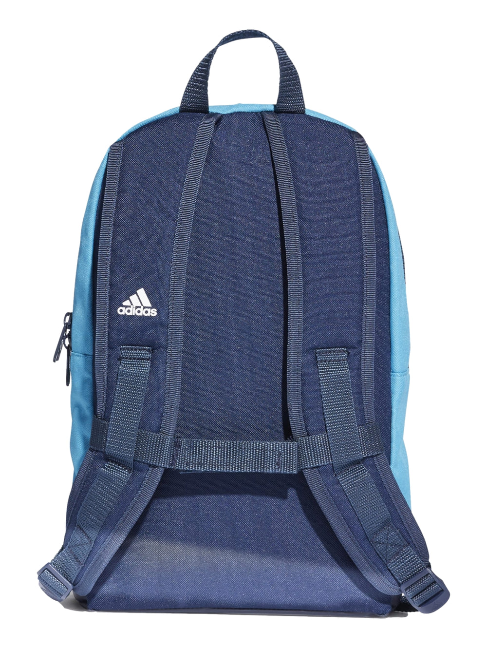 Mochila Adidas color cyan con tres franjas blancas verticales y detalle rosa en la cremallera frontal.