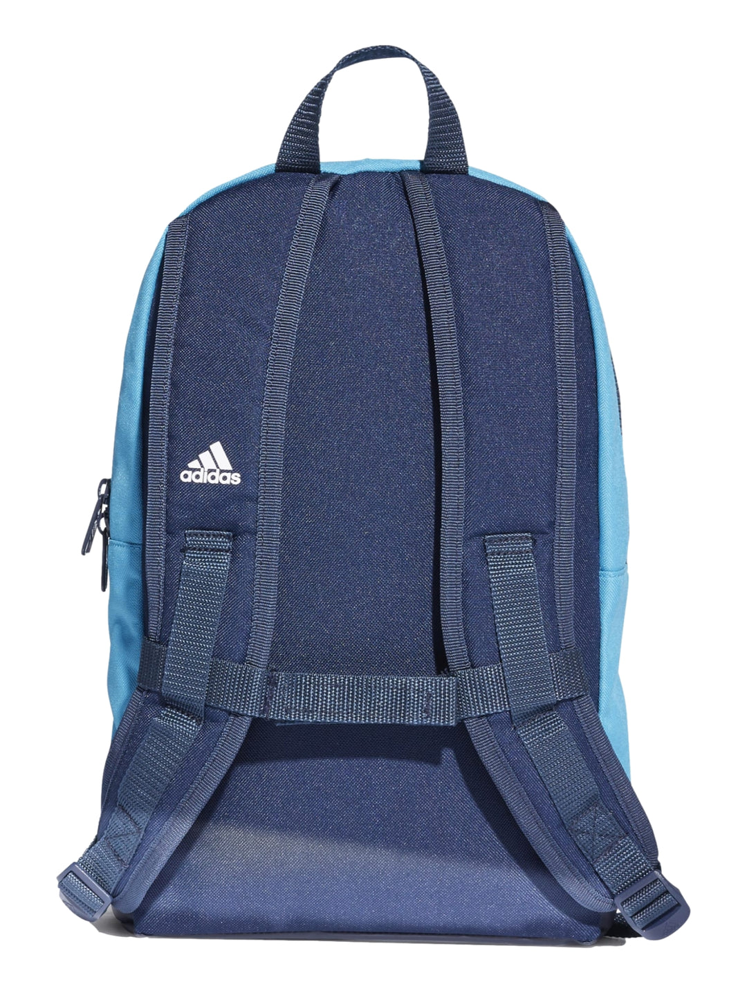 Mochila Adidas color cyan con tres franjas blancas verticales y detalle rosa en la cremallera frontal.