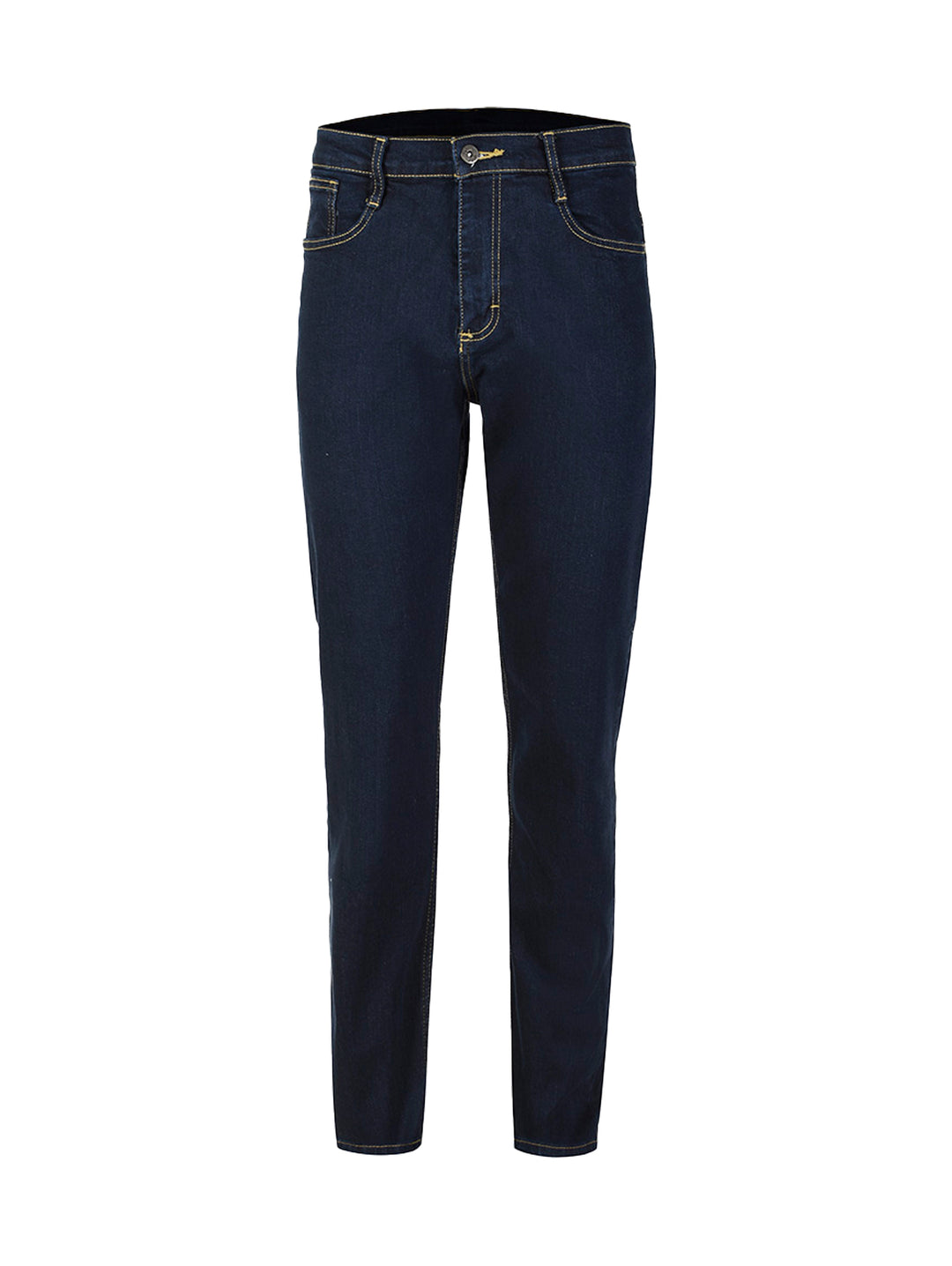 Pantalones jeans LEE color índigo para hombre con costuras amarillas.