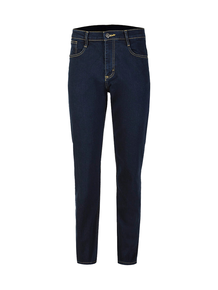 Pantalones jeans LEE color índigo para hombre con costuras amarillas.