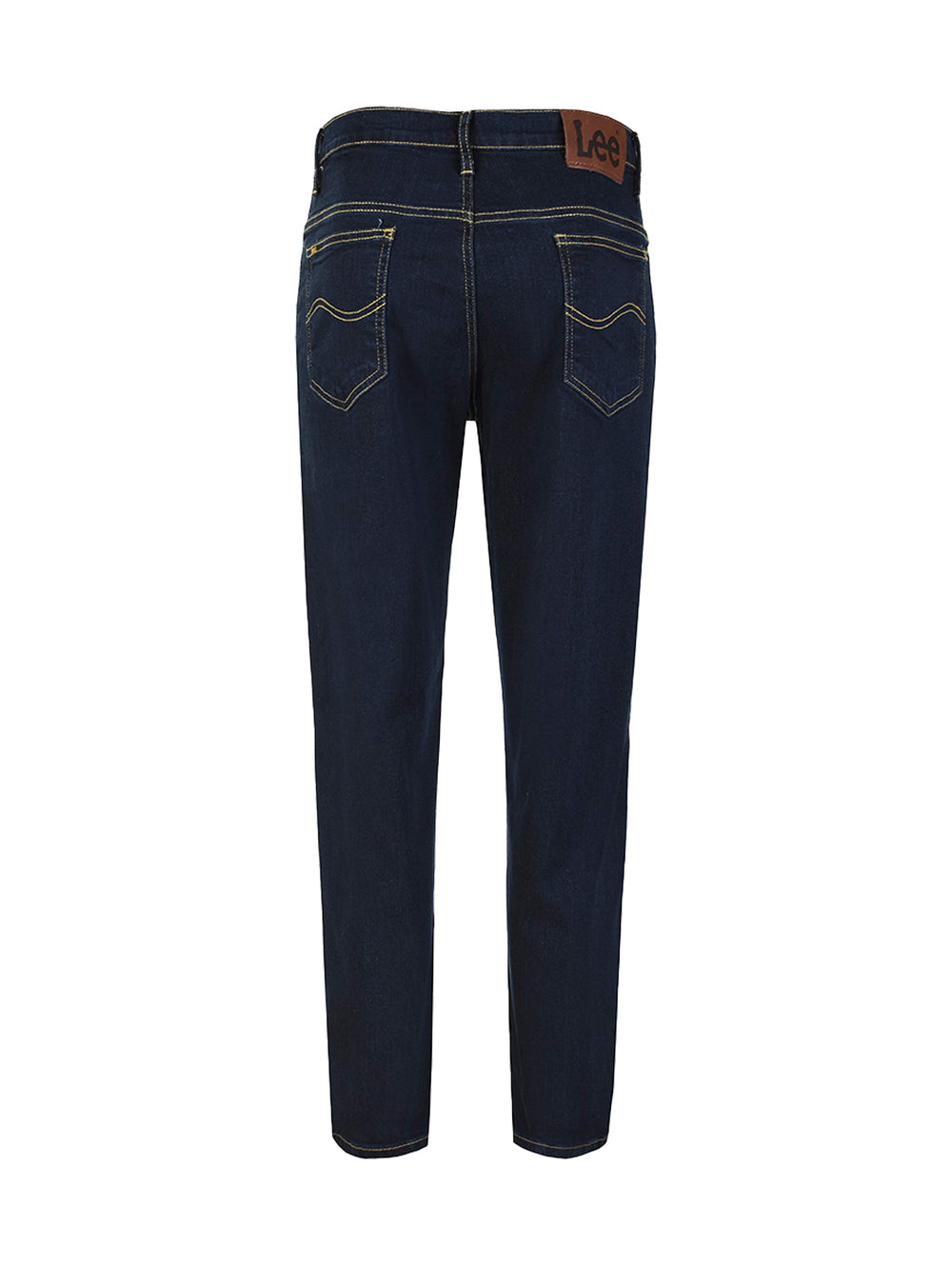 Pantalones jeans LEE color índigo para hombre con costuras amarillas.