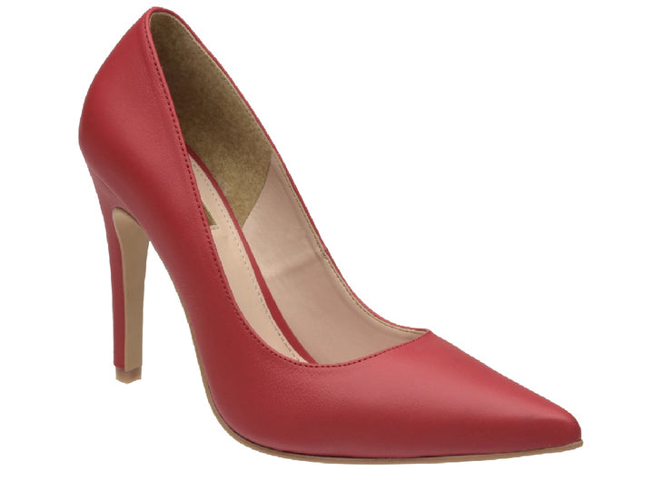 Zapato de tacón alto color rojo para mujer con punta fina y acabado liso.