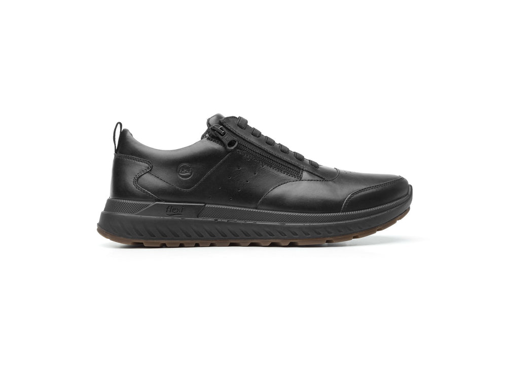 Tenis Flexi Ocon para hombre en color negro con cierre lateral y suela color café.
