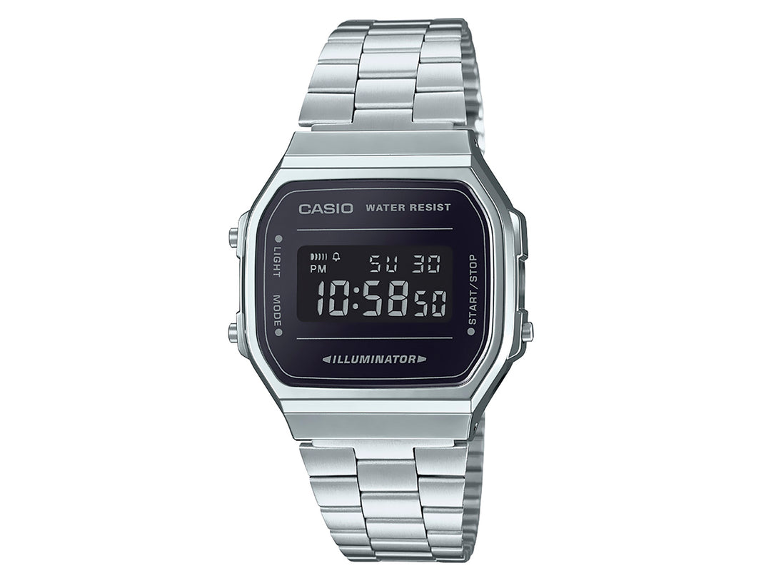 Reloj digital Casio A-168WE color plata con correa de acero y pantalla negra.