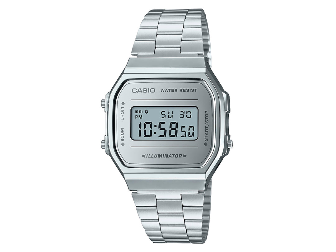 Reloj digital Casio A-168WE de color plata con correa de metal y pantalla rectangular.