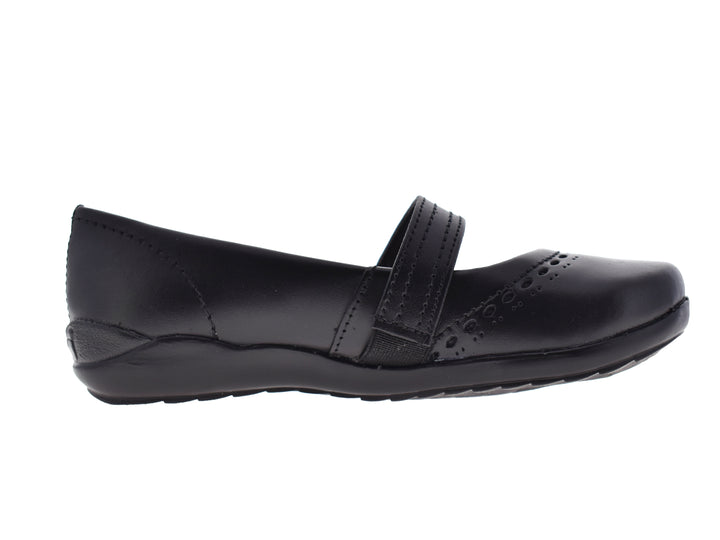 Par de zapatos negros para niña estilo Mary Jane con correa y detalle de flor metálica.