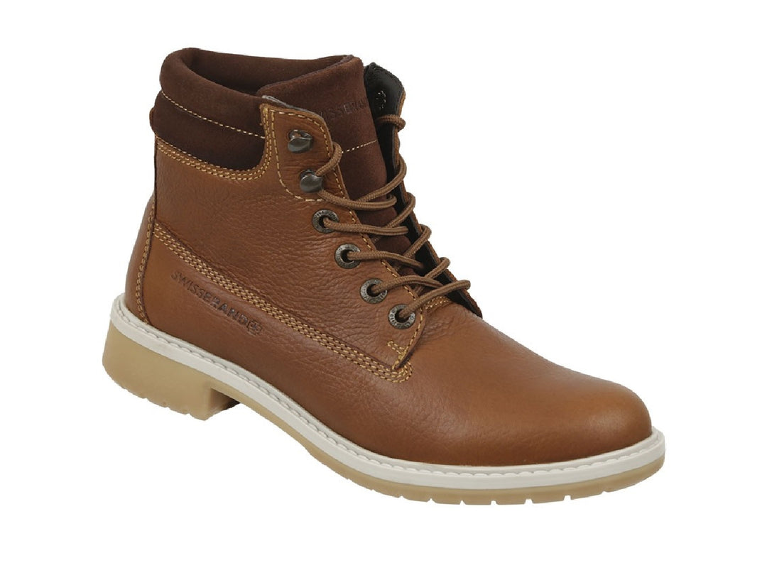 Bota de cuero color miel con suela blanca y agujetas para niño.