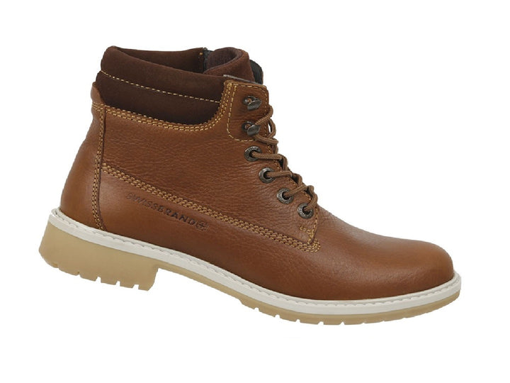 Bota de cuero color miel con suela blanca y agujetas para niño.