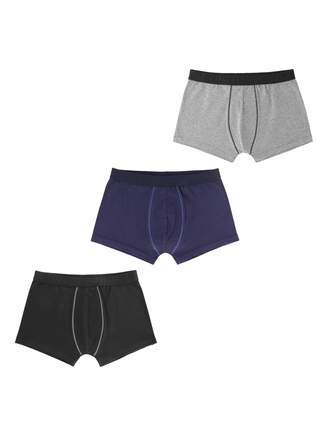 Set de tres calzoncillos tipo bóxer para niño en colores gris, azul marino y negro.