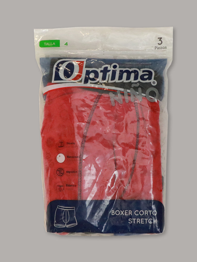 Paquete de 3 boxers cortos stretch para niño marca Optima en colores rojo, azul y gris.