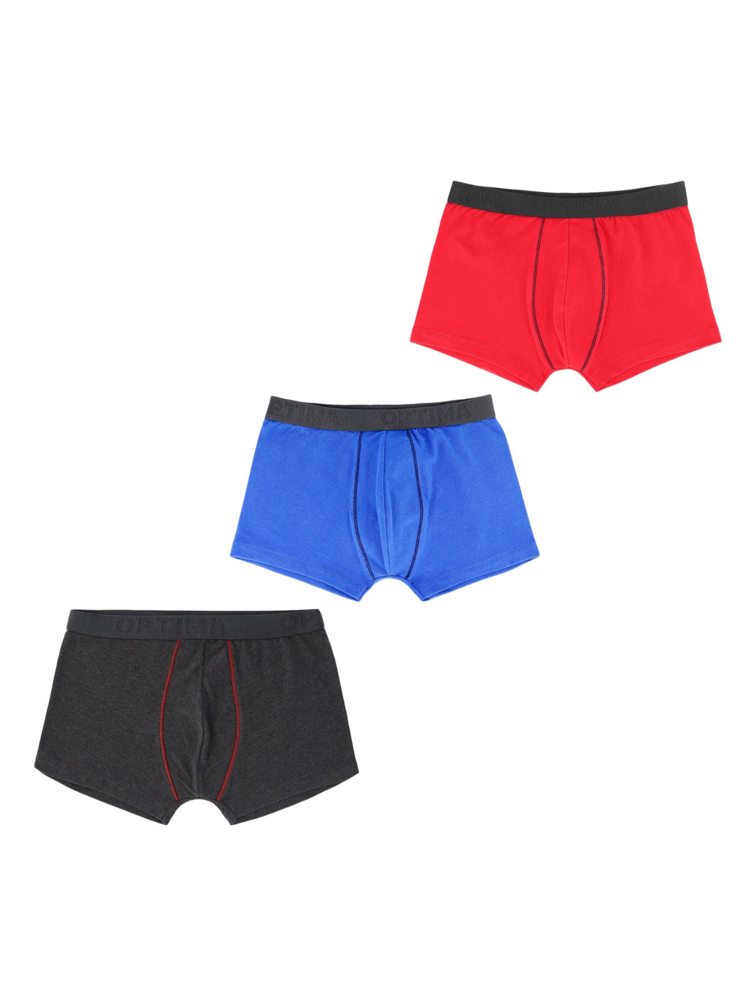 Set de tres bóxers para niño en colores rojo, azul y gris oscuro con cintura elástica negra.