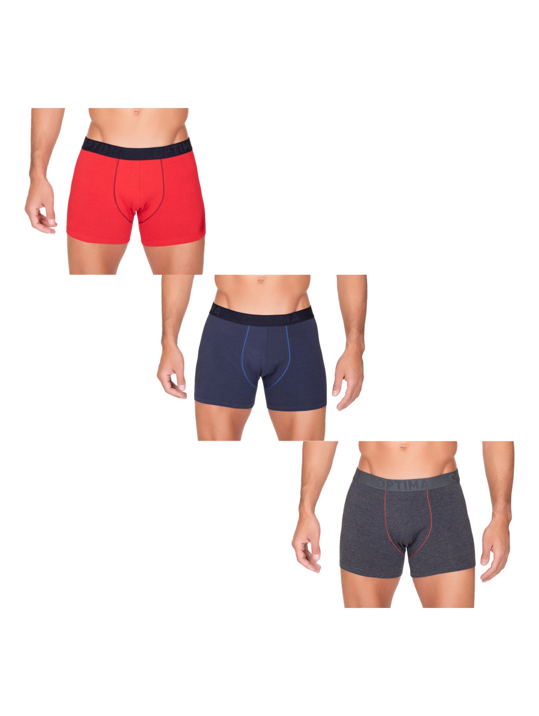 Set de tres boxers para hombre en colores rojo, azul rey y gris jaspeado.