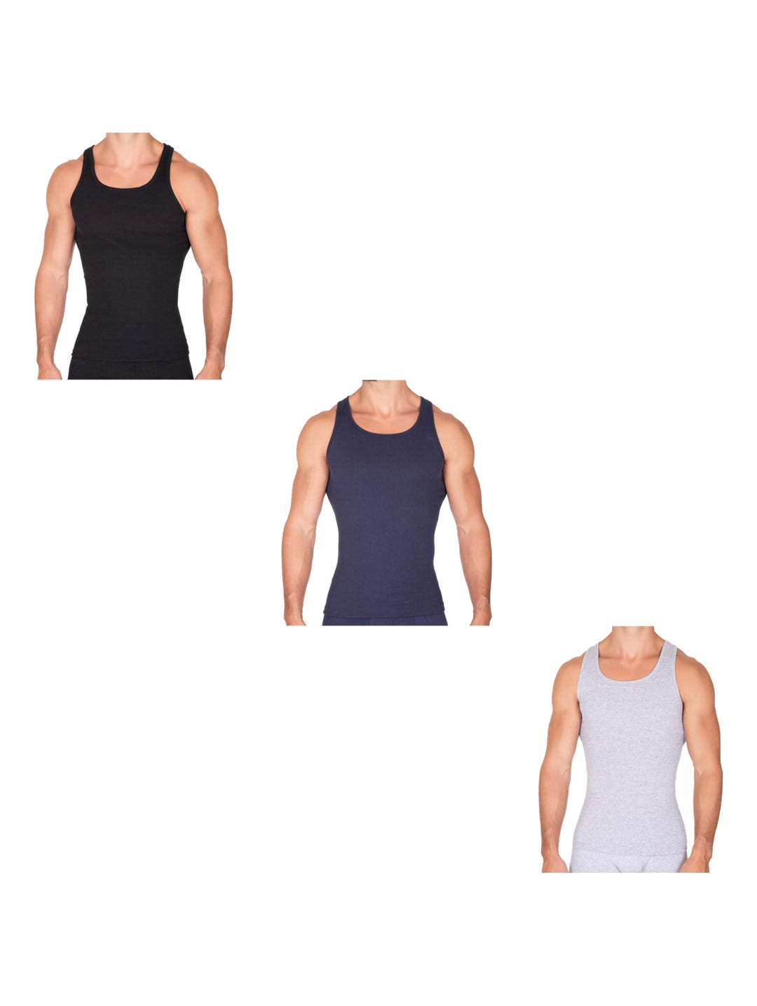 Set de tres camisetas interiores sin mangas para hombre en colores negro, azul marino y blanco.