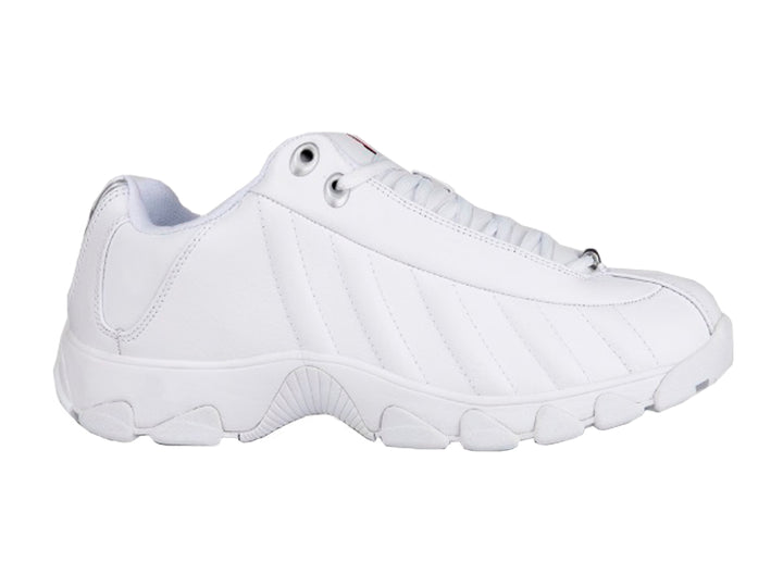 Tenis deportivos K-Swiss blancos para mujer con detalles en rojo y azul marino.
