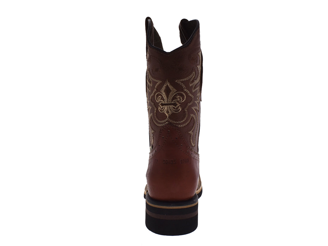 Botas vaqueras para hombre de cuero en tonos marrón y canela con bordados decorativos y suela negra.