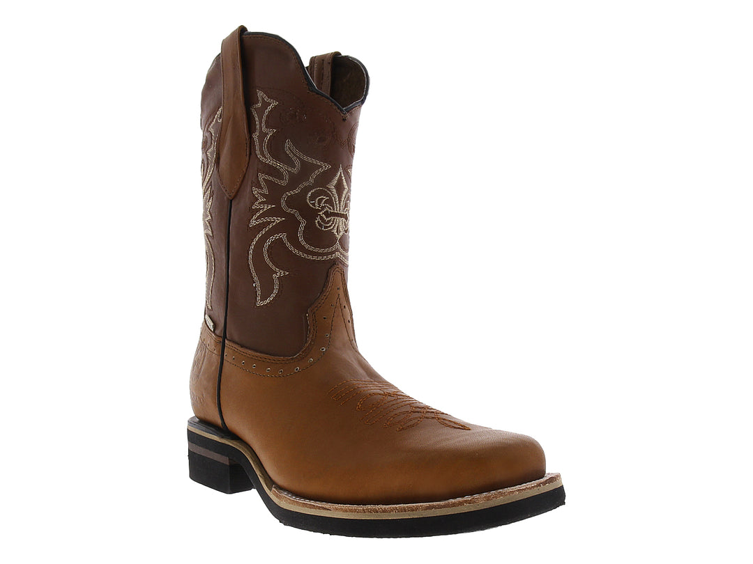 Bota vaquera para hombre de cuero color habana con bordados laterales y suela negra.