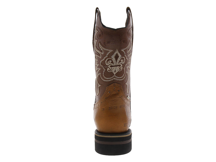 Bota vaquera para hombre de cuero color habana con bordados laterales y suela negra.