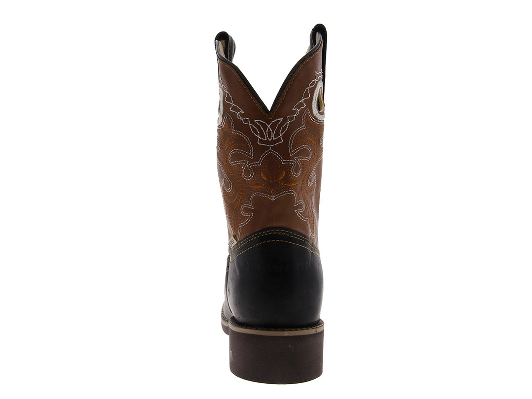Botas vaqueras para mujer en colores negro y habana con costuras decorativas blancas.