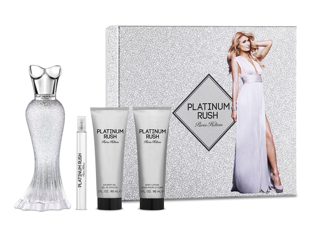Set de fragancia Paris Hilton Platinum Rush con perfume, loción, gel de ducha y caja plateada brillante.