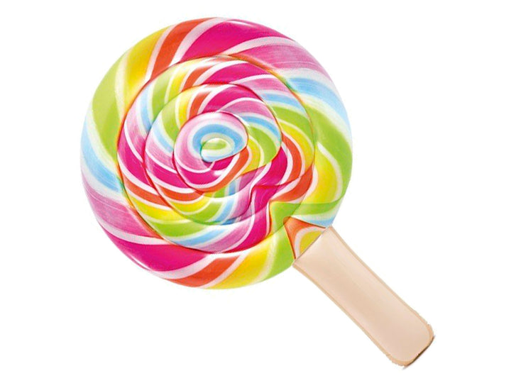 Colchón inflable multicolor en forma de paleta con diseño en espiral y mango beige.