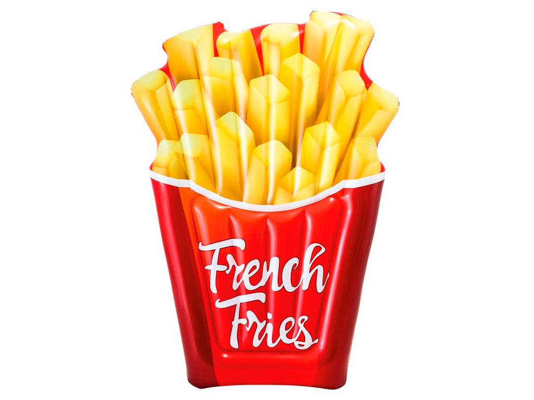 Flotador inflable con forma de papas fritas en un recipiente rojo con letras blancas.