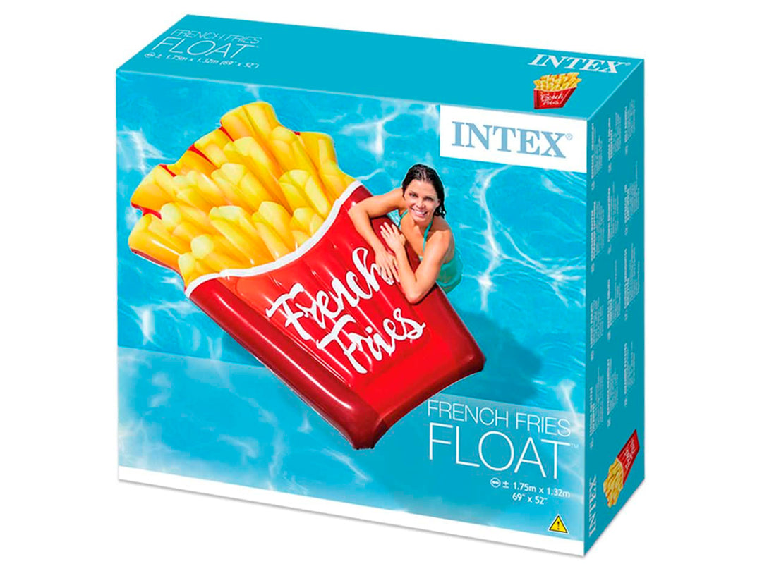 Flotador inflable con forma de papas fritas en un recipiente rojo con letras blancas.