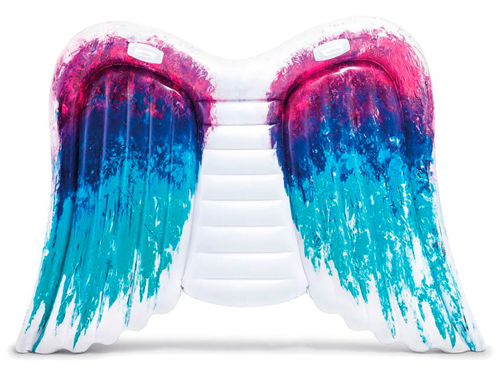 Colchón inflable con forma de alas de ángel en colores blanco, azul y morado.
