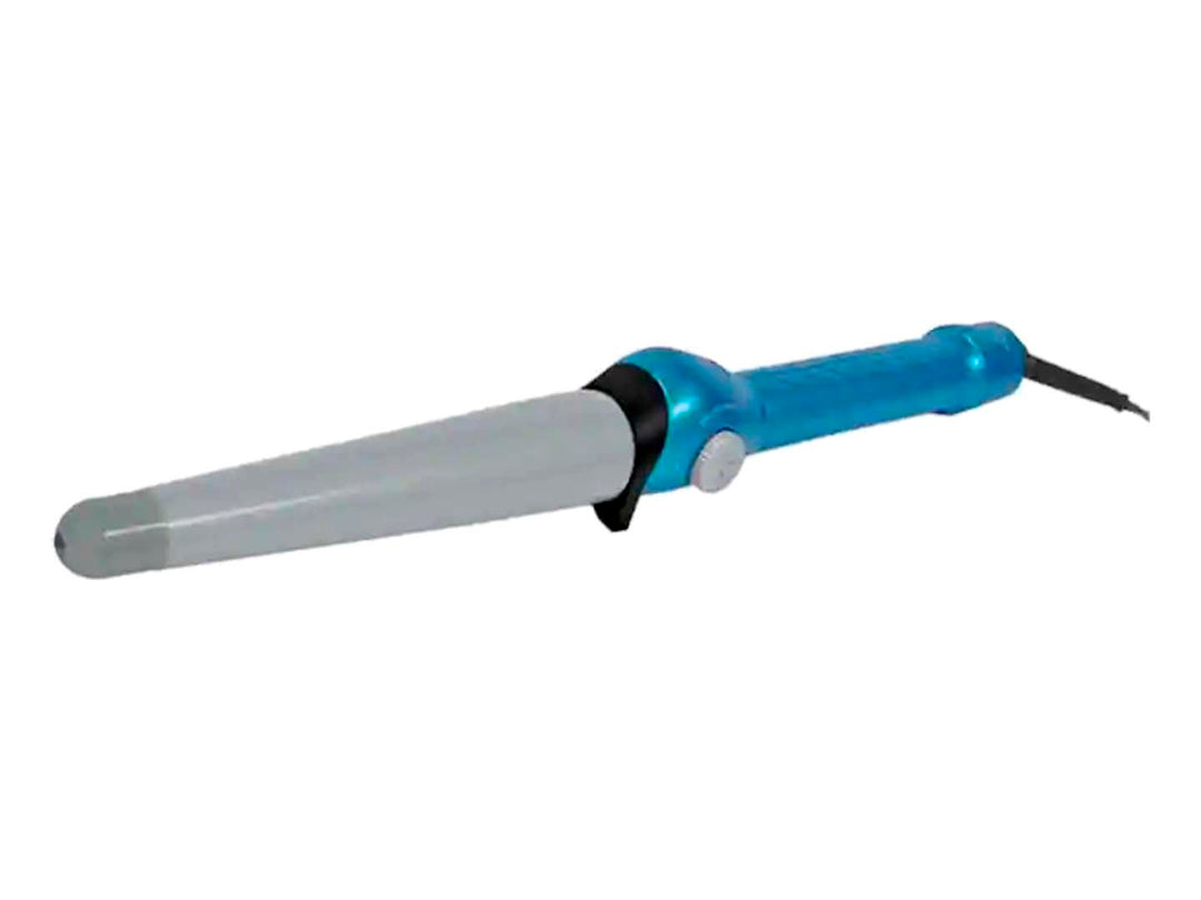 Rizador de cabello Babyliss color azul con barril gris sobre fondo blanco.