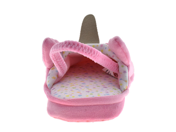 Pantuflas rosas para niña con diseño de conejo y plantilla con estrellas.
