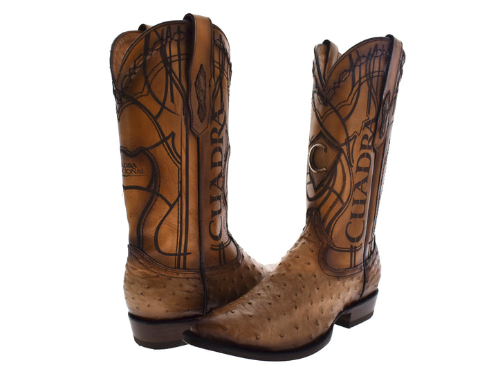 Par de botas vaqueras de cuero color taupe con bordados decorativos y textura granulada en la punta.