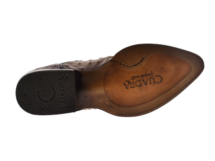 Par de botas vaqueras de cuero color taupe con bordados decorativos y textura granulada en la punta.