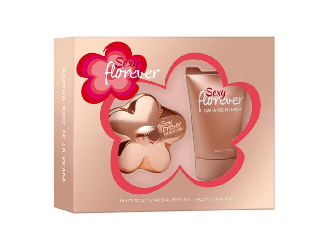 Set de fragancia Sexy Florever de Agatha Ruiz de la Prada con perfume en forma de flor y loción corporal en caja beige.