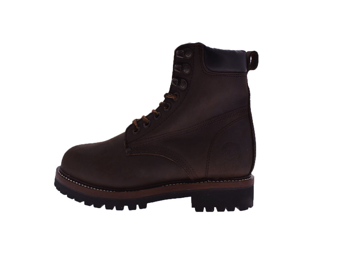 Botas de cuero color café oscuro para hombre con cordones y suela negra robusta.