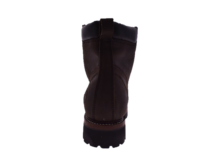 Botas de cuero color café oscuro para hombre con cordones y suela negra robusta.
