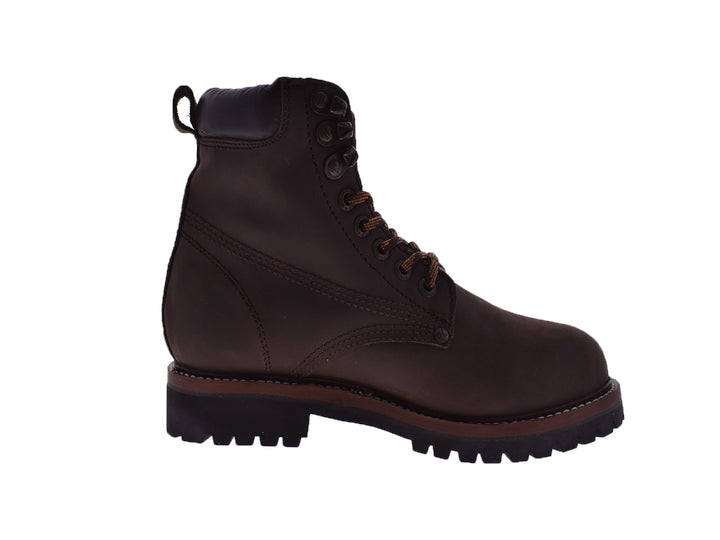 Botas de cuero color café oscuro para hombre con cordones y suela negra robusta.
