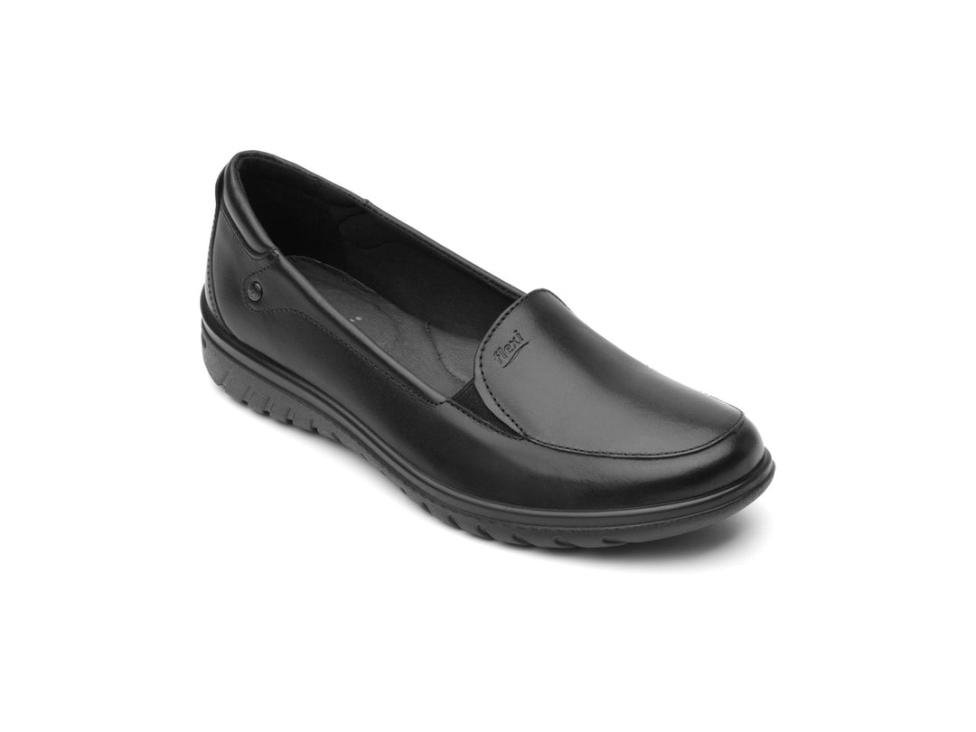 Zapato plano Flexi Jane para mujer en color negro, material de cuero liso.