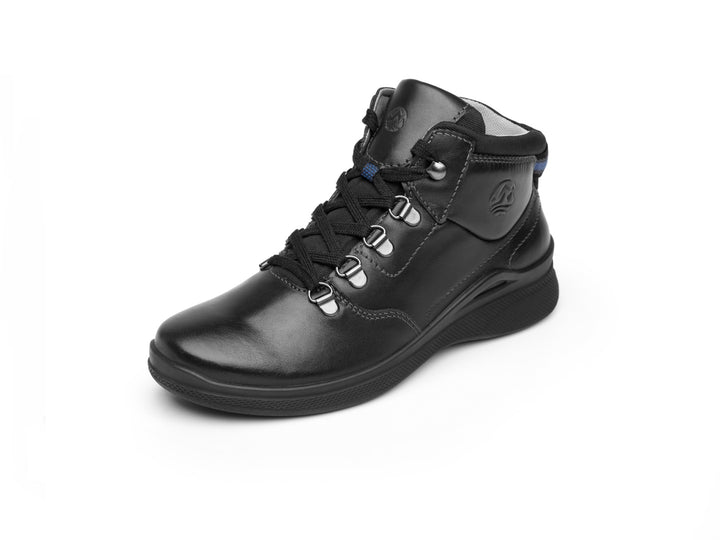 Botas negras de cuero Flexi para mujer con agujetas y suela negra.