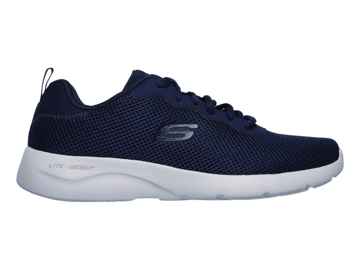 Tenis deportivos Skechers en color azul marino con suela blanca y tejido de malla transpirable.
