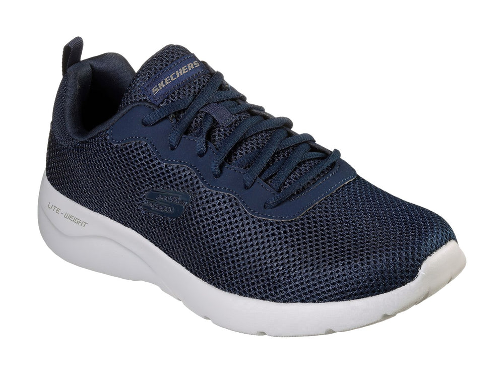 Tenis deportivos Skechers en color azul marino con suela blanca y tejido de malla transpirable.