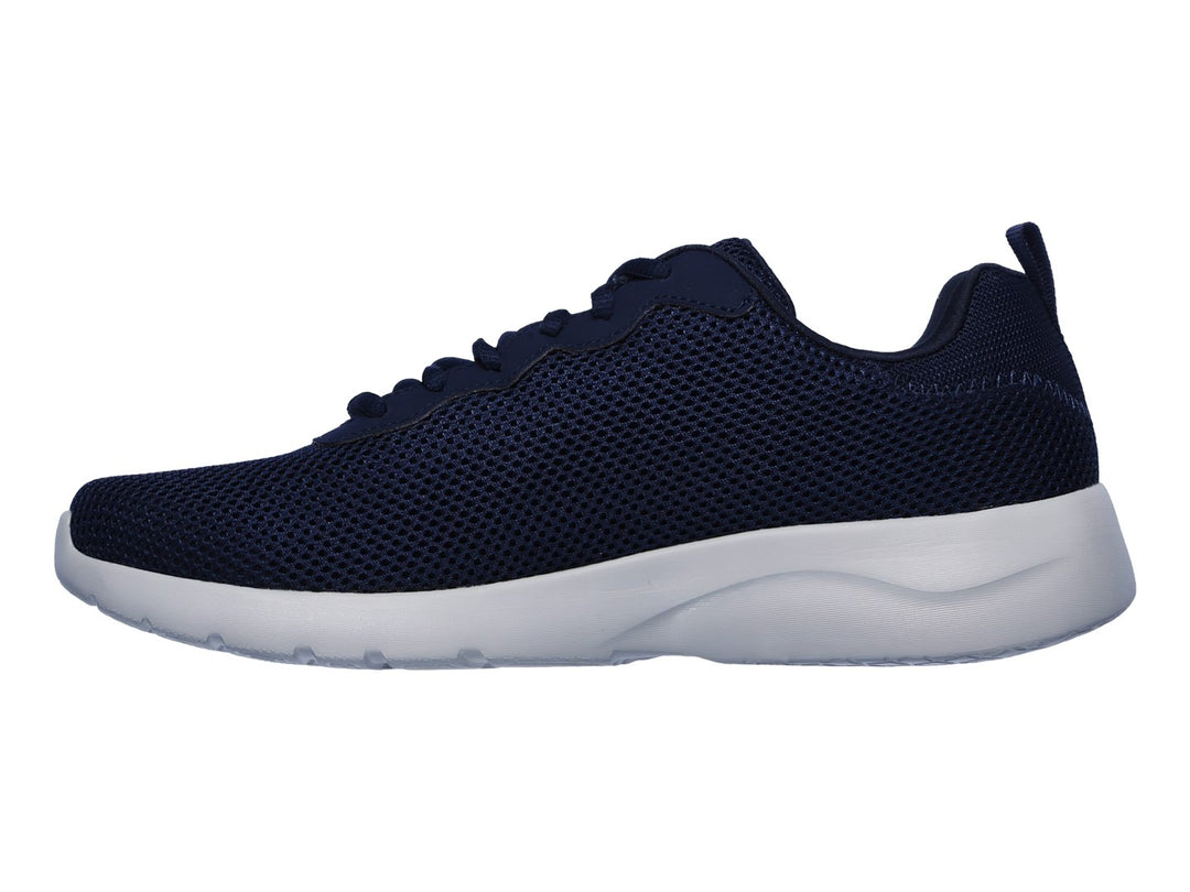 Tenis deportivos Skechers en color azul marino con suela blanca y tejido de malla transpirable.