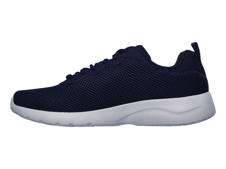 Tenis deportivos Skechers en color azul marino con suela blanca y tejido de malla transpirable.