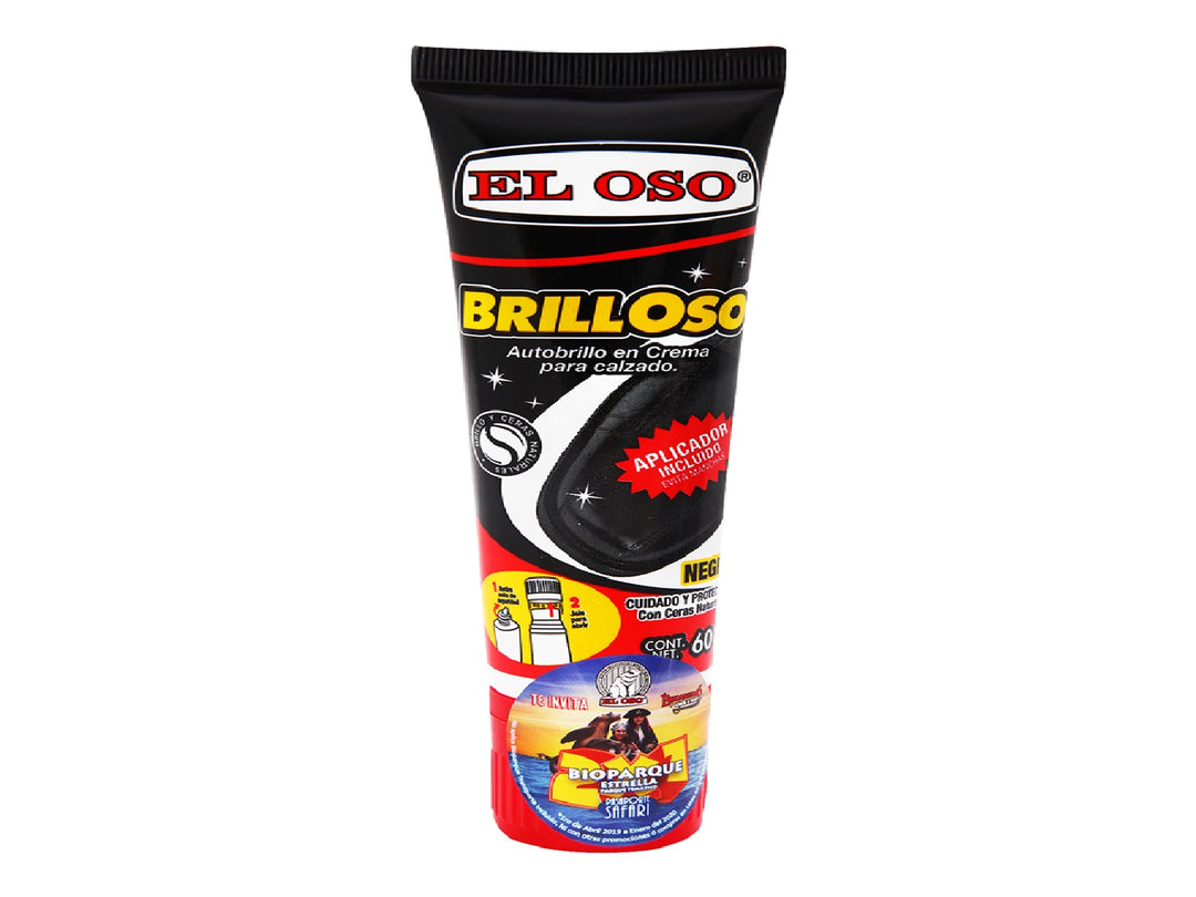Tubo de crema para zapatos El Oso Brilloso color negro con aplicador incluido.