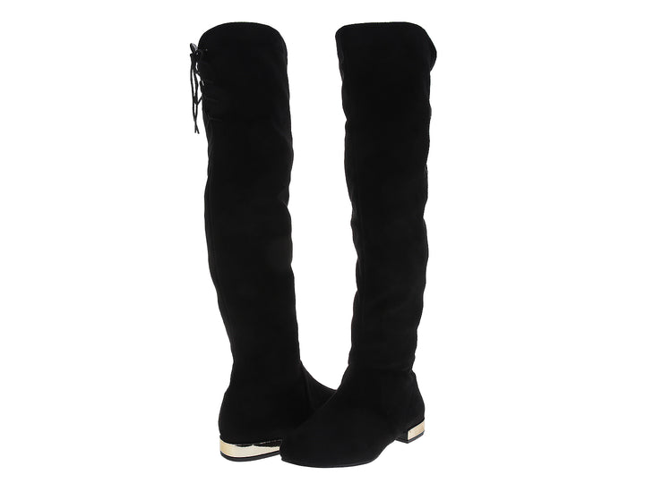 Botas altas negras para mujer con detalle dorado en la base.
