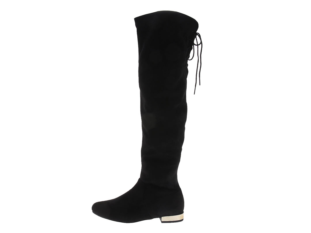 Botas altas negras para mujer con detalle dorado en la base.