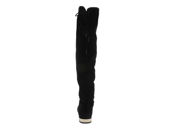 Botas altas negras para mujer con detalle dorado en la base.