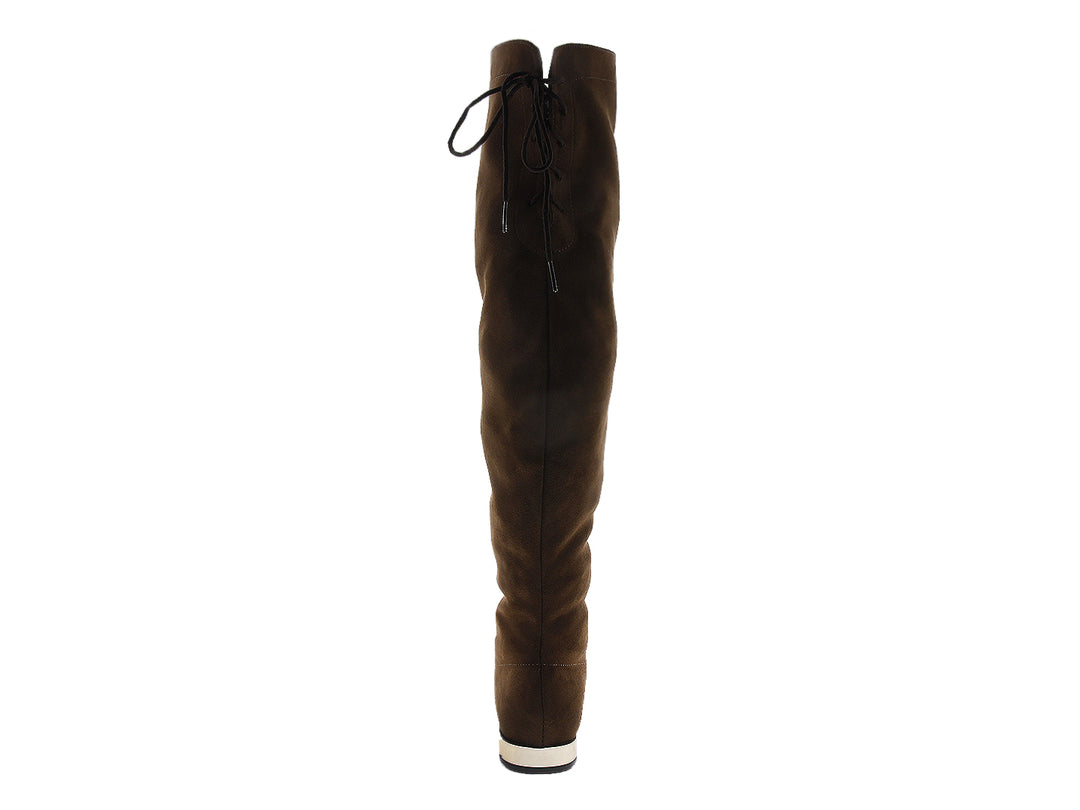 Botas altas color marrón madera para mujer con detalles de cordones en la parte posterior.