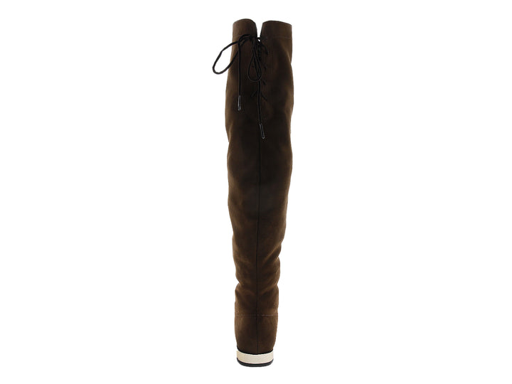 Botas altas color marrón madera para mujer con detalles de cordones en la parte posterior.